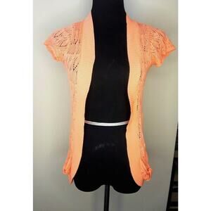 Vanity Cardigan Crocheted Sweater Short Sleeve Open Front Small Coral